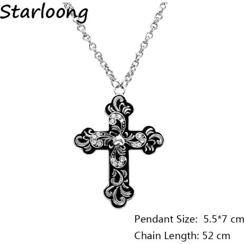 Gothic Vintage Jewelry religious alloy cross pendant with rhinestone long link chain necklace women and men jewelry gift