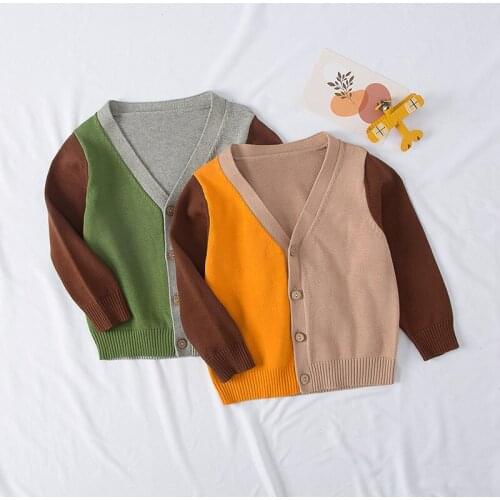 Kids Boys Girls V-neck Stitching Cardigan Green Gray Sweaters Spring Autumn Clothing 2021 New Children Khaki Orange Knitted Tops