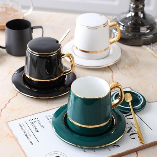Retro Luxurious Style Coffee Cup With Spoon Coaster Lid Ceramic Cup Mat Milk Juice Tea Mug Water Bottle Drinkware Unique Gifts