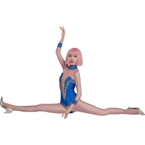 Fashion Stretch Skinny Rhinestone Jumpsuit Women Long Sleeve Skin Tone Spandex Crystal Gymnastics Jumpsuit Performance Outfits