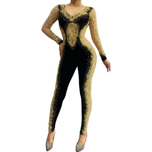 Gold Rhinestone Long Sleeve Transparent Jumpsuit Evening Birthday Backless Black Velvet Leggings Women Dancer Bar Costume