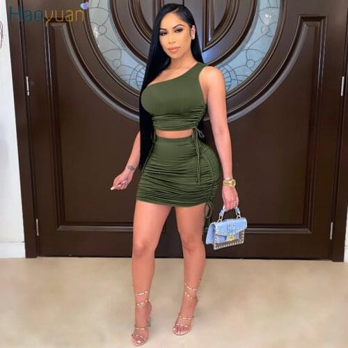 HAOYUAN Two Piece Skirt Set One Shoulder Crop Top Ruched Bodycon Mini Dress for Women Vacation Outfits Sexy Club Matching Sets