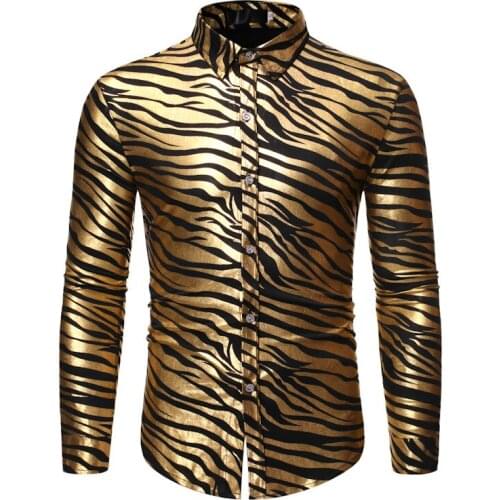 Shiny Bronzing Striped Foil Print Shirt Men Streetwear Camisa New Slim Fit Long Sleeve Casual Men Dress Shirts Tuxedo Shirt Male