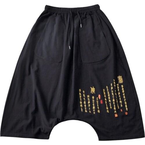 2021 Mens Cotton Linen Kimono Pants Men Chinese Style Print Harem Pants Male Hip Hop Streewear Calf Lenght Pants Baggy Trousers