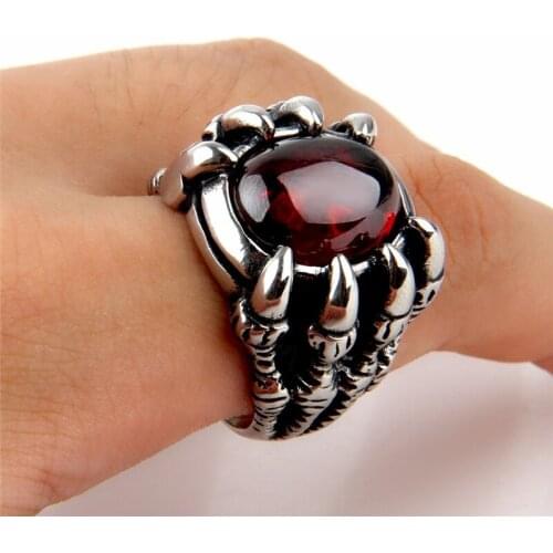 20mm Men Boy Punk Dragon Claw Red CZ Silver color 316L Stainless Steel Ring GIFT