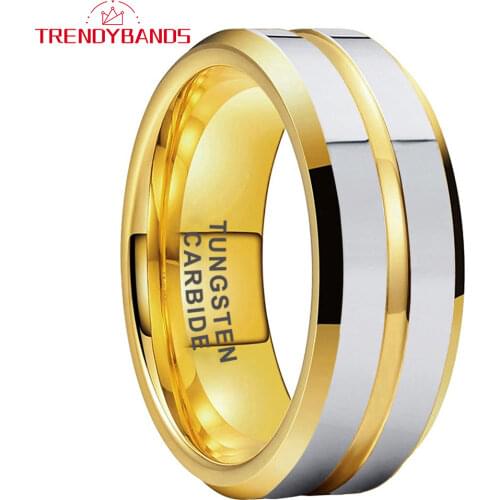 Gold 8MM Tungsten Carbide Engagement Ring Wedding Bands For Men Women Grooved Center Beveled Edges Polished Shiny Comfort Fit