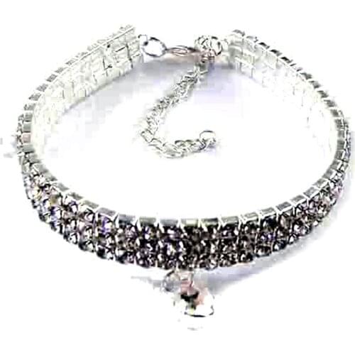 New 3rows silver-plate rhinestone elastic pets collar ornament jewelry necklace dropping with large clear stone 3pcs lot
