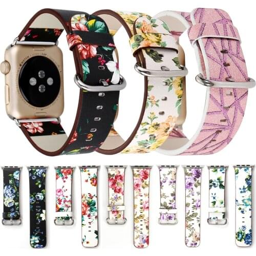 Genuine Leather Watchband for Apple Watch 5 4 40mm 44mm 38mm 42mm Flower Printed Strap Band for iwatch 1 2 3 4 5 Bracelet Belt