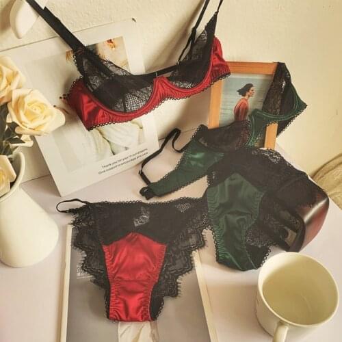 Sexy lingerie panty set with steel ring half cup gathered garter panties three-piece large size bralette satin retro bra set