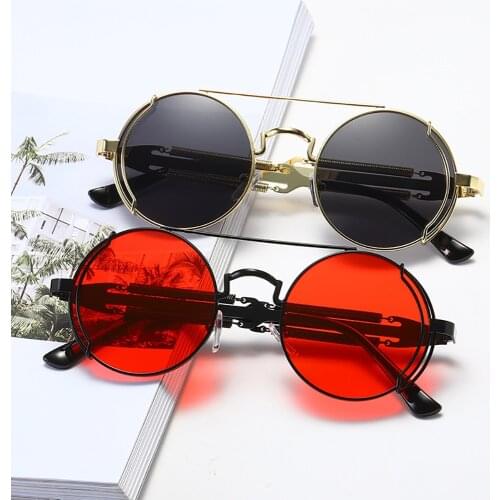 VIVIBEE Steampunk Sunglasses Men Round Red Lens Punk Sun Glasses Black Metal Gothic Style 2020 New Products Women UV400 Shades