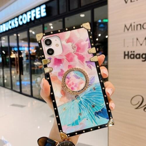Vintage Floral Case For Samsung A50 A70 A9 2018 A10 M10 A20 A30 Cover Square Flower Shiny Diamond Ring Stand Girly Coque A50 A70