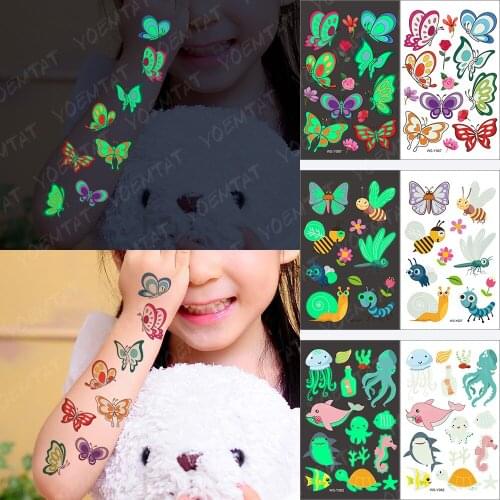 1pc Waterproof Temporary Tattoo Sticker Luminous Kids Flower Butterfly Cute Animal Night Glowing Tatoo Children Arm Fake Tatto