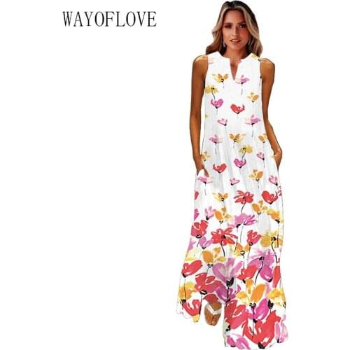 WAYOFLOVE Fashion Print Summer Beach Dress 2021 Casual Elegant Long Dresses Woman Party Sleeveless Plus Size Vintage Dress Women
