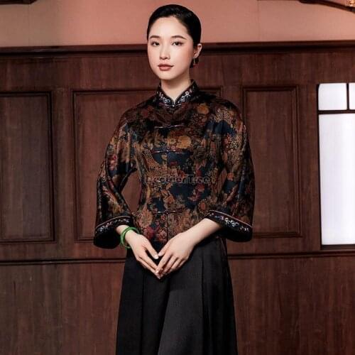 2021 ladies satin qipao blouses chinese traditional flower print qipao style shirt womens qipao top ethnic cheongsam blouse