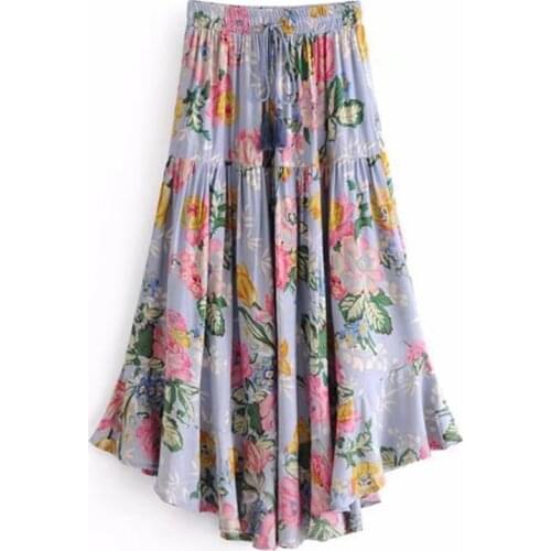 Long boho skirt 2018 new summer beach wear violet color floral print elastic waist tassle Holiday Bohemia Women Skirts saia