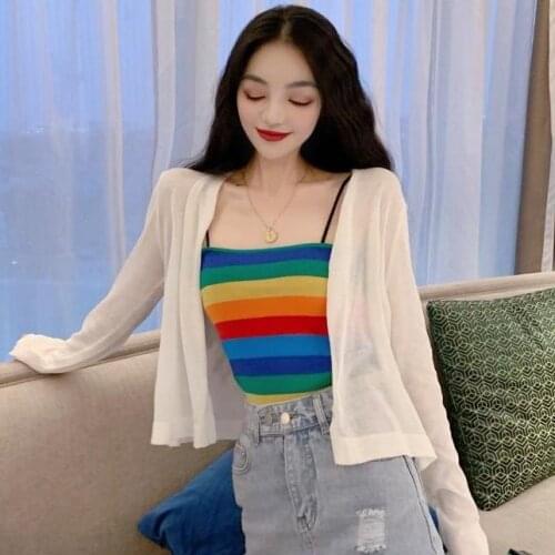 Women Tanks Tops 2021 Summer Rainbow Striped Top Knitted Sleeveless Vest Camisole for Women Camis Crop Top For Women
