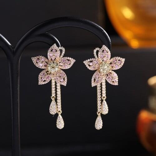 2021 Trend Unusual Tassels Earring for Women AAA Pink Zircon Flower Elegant Hanging Drop Earring Fashion Decoration Jewellery