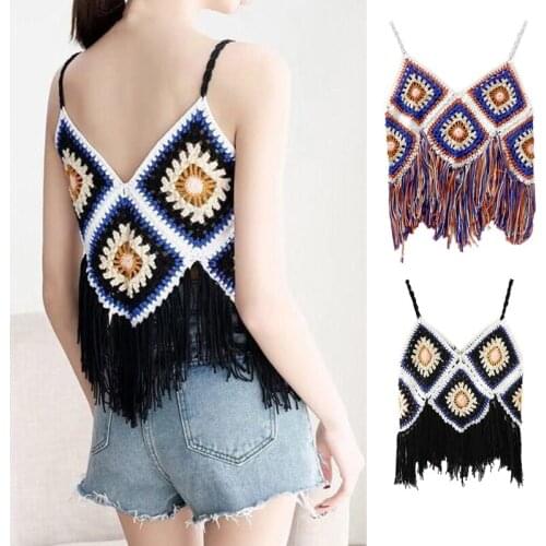 Women Summer Crochet Knitted Camisole Multicolor Plaid Rhombus Pattern Boho Crop Top Sexy V-Neck Fringe Tassel Beach Sleeveless