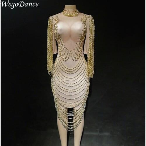 Hot Sale Gold Chains Dress Evening Party Sexy Dress Birthday Celebrate Costume Singer Performance Beads Dress