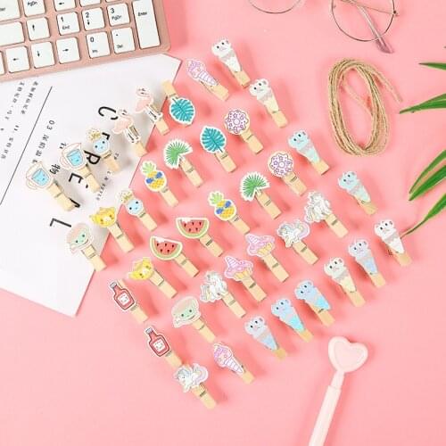 10Pcs/Set Cartoon Unicorn Flamingo Plant Wooden Clip Photo Clothespin Craft Clips Party Decoration Clip with Hemp Rope