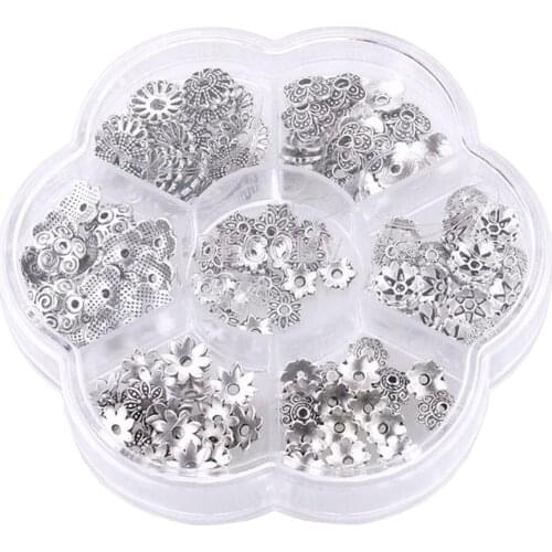 140pcs Mixed Tibetan Style Flower Torus Beads Ends Caps Cups Shape Alloy Antique Silver for DIY Jewelry Making