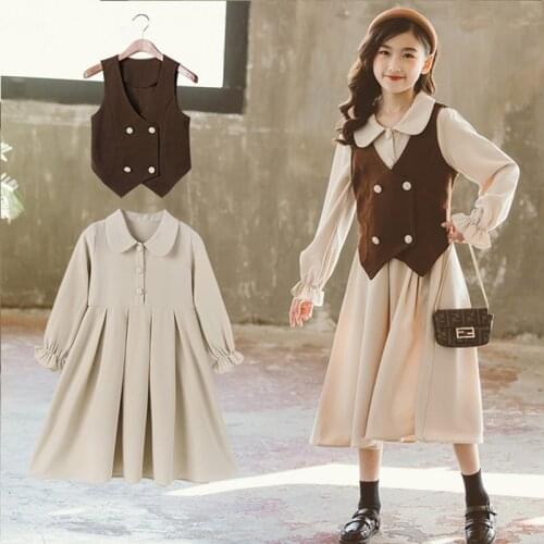 2021 Girls Sets Spring Autumn Long Sleeve Dresses + Button Vest 2 Pcs Set for School Children Boutique Kids Clothing Suits 4-14Y