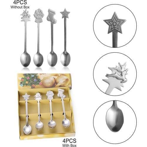 4pcs/set Stainless Steel Christmas Tableware Coffee Spoons Ice Cream Dessert Spoon Snowman Tree Kids Drinking Tea Scoop