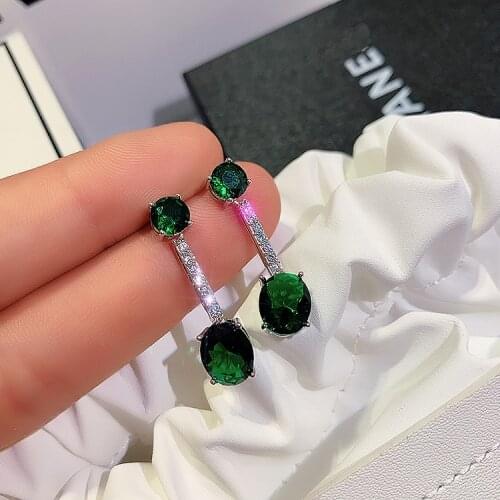 925 Silver Jewelry Lady Vintage Emerald Earrings Glittering Green Crystal AAAA Zircon Atmospheric Long Earrings