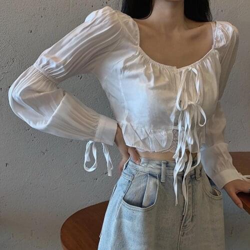 Blouse Women Puff Sleeve Shirt Autumn High Waist Short Long Sleeve Shirt Top Womens Clothing Blusas Mujer De Moda