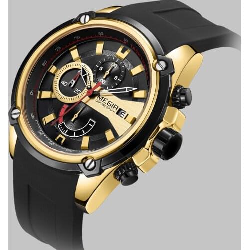 MEGIR Brand Mens Quartz Watches Silicone Strap Leisure Sport Chronograph Wristwatch for Man Clock Relogios Masculino Gold Black