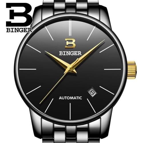 Switzerland BINGER Luxury Men Watches Self Black Wristwatch Date High Quality Waterproof Automatic Hodinky Mechanical Watches