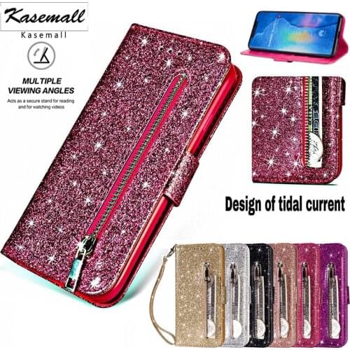 Zipper Cases For Huawei P40 P30 P20 Pro Lite Mate 20 10 P Smart Y7 Y6s Prime Luxury Bling Glitter Leather Wallet Flip Card Cover