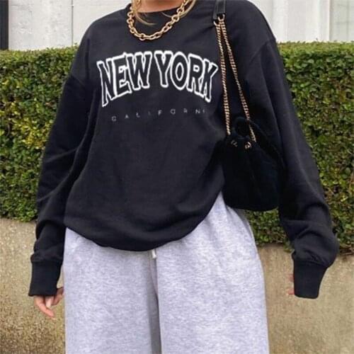 NEW YORK Letter Print Black Crewneck Sweatshirt Women Long Sleeve Plus Size Fashion Streetwear USA French Style Fall 2020 Women