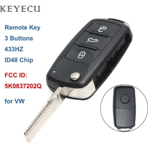 Keyecu Remote Car Key Fob 3 Buttons 434MHZ ID48 for Volkswagen Beetle Caddy Golf Jetta 2011 2012 2013, 5K0 837 202 Q, 5K0837202Q