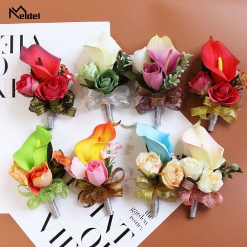 Meldel Artificial Flower Rose Calla Lily Boutonniere and Wrist Corsages Wedding Boutonniere Bridesmaids Prom Party Fake Flower