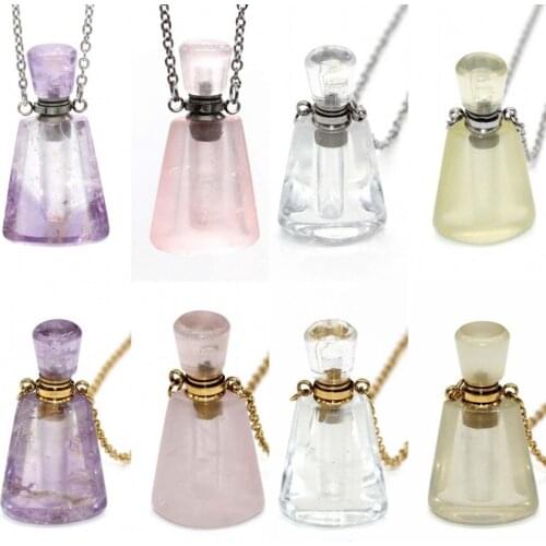KFT Natural Healing Crystal Quartz Stones Perfume Bottle Essential Oil Diffuser Pendants Perfume Bottle Stone Pendant Necklace