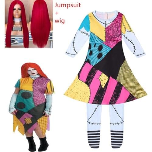 Nightmare Before Christmas Sally Cosplay Jumpsuits Girls xmas Dresses Kids Clothes halloween Party costume for kids+long wig
