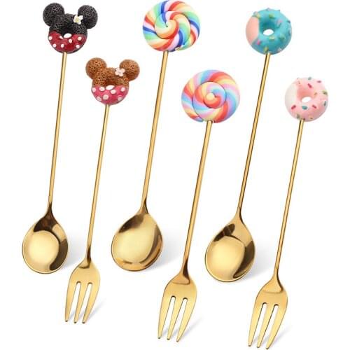 Creative Cute Lollipop Donut Coffee Spoon Fork 304 Stainless Steel Golden Cake Spoon Fork Ice Cream Ice Cream Dessert Spoon