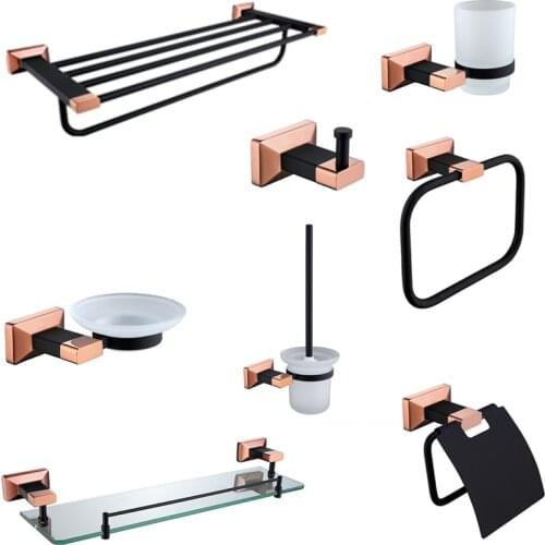 Brass Rose Gold and Black Robe Hook Ceramic Toilet Brush Holder Bathroom Hardware Set Metal Paper Holder Bathroom Accessories