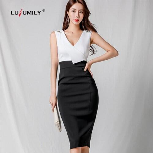 Lusumily Summer Pencil Office Lady Dress Small Sexy Deep V-Neck Sleeveless Slim-fit Patchwork Asymmetrical Elegant Party Dresses