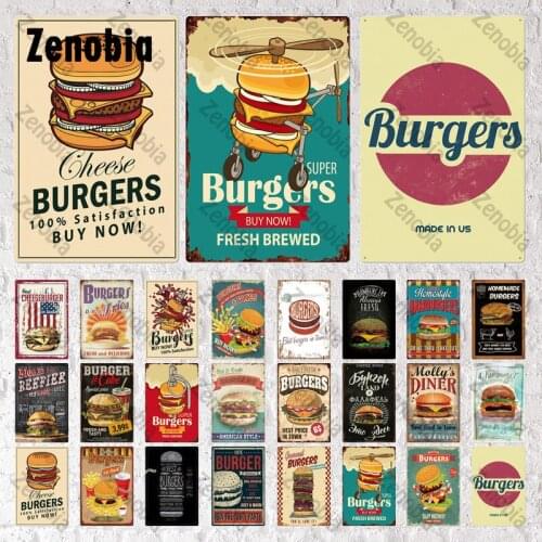 Burgers Metal Sign Plaque Metal Vintage Fast Food Tin Sign Wall Decoration for Kitchen Cafe Bar Pub Burger Shop Metal Sign Decor