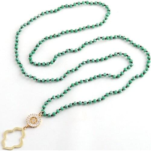 Fashion Bohemian Tribal Jewelry 4mm Mini Green Color Glass Knotted CZ and Lip Pendant Necklaces For Women Lariat Necklaces