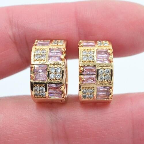 Gold Color Fashion Luxury Pink Cubic Zirconia CZ Huggie Hoop Earrings for Women