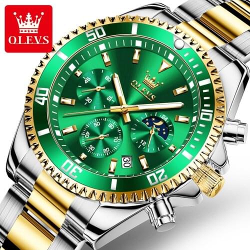 OLEVS Men Fashion Multifunctional Military Sport Watches Top Brand Green Water Ghost Timing Three-Eye Luminous Waterproof Watch