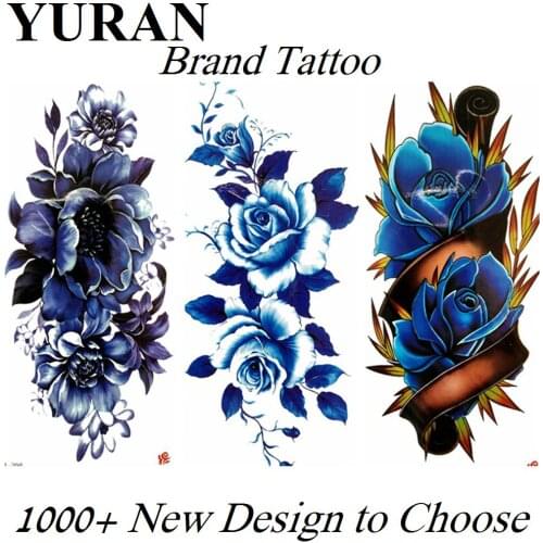 Sexy Blue Flower Rose Peony Temporary Tattoos Large Sticker Fake Waterproof Tattoo For Women Girls Paper Tatoos Body Art Arm