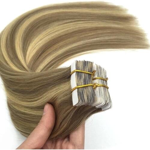 Natural Real Hair Tape in Human Hair Extensions Straight Seamless Skin Weft Remy 100% Human Hair Adhesive 14"-24" Double Sided