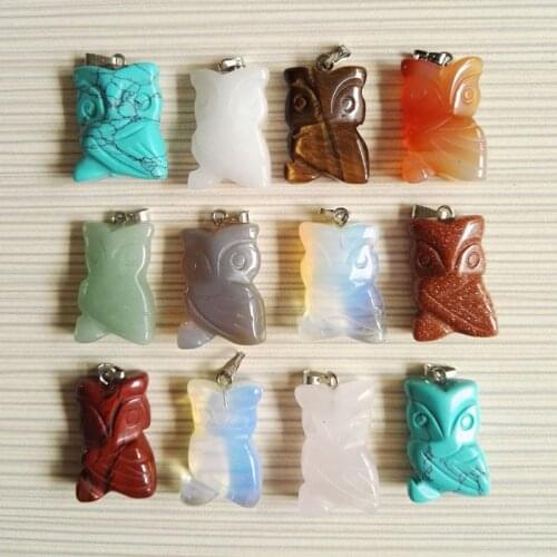 Wholesale fashion natural stone Animal pendant charms owl stone pendants for necklace 12pcs mixed lot Good quality Free shipping