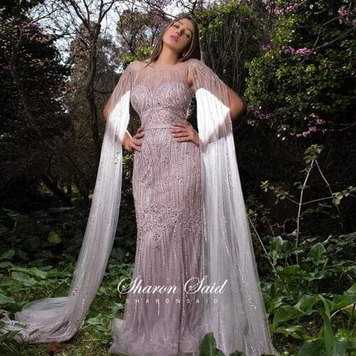Luxury Pink Mermaid Dubai Evening Dress with Cape Sleeve Long Arabic Gold Prom Formal Dresses for Women Wedding Guest Party Gown