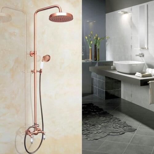 Antique Red Copper Wall Mount Rainfall Rain Shower System Hand Shower Head Set Dual Ceramic Handles Tap arg555