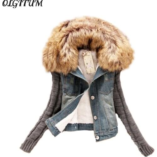 S-5XL Women Spring&Autumn Short Denim Jacket 2019 Women Plus Size Winter Slim Yarn Large Fur Collar Lamb Cotton Denim Outerwear